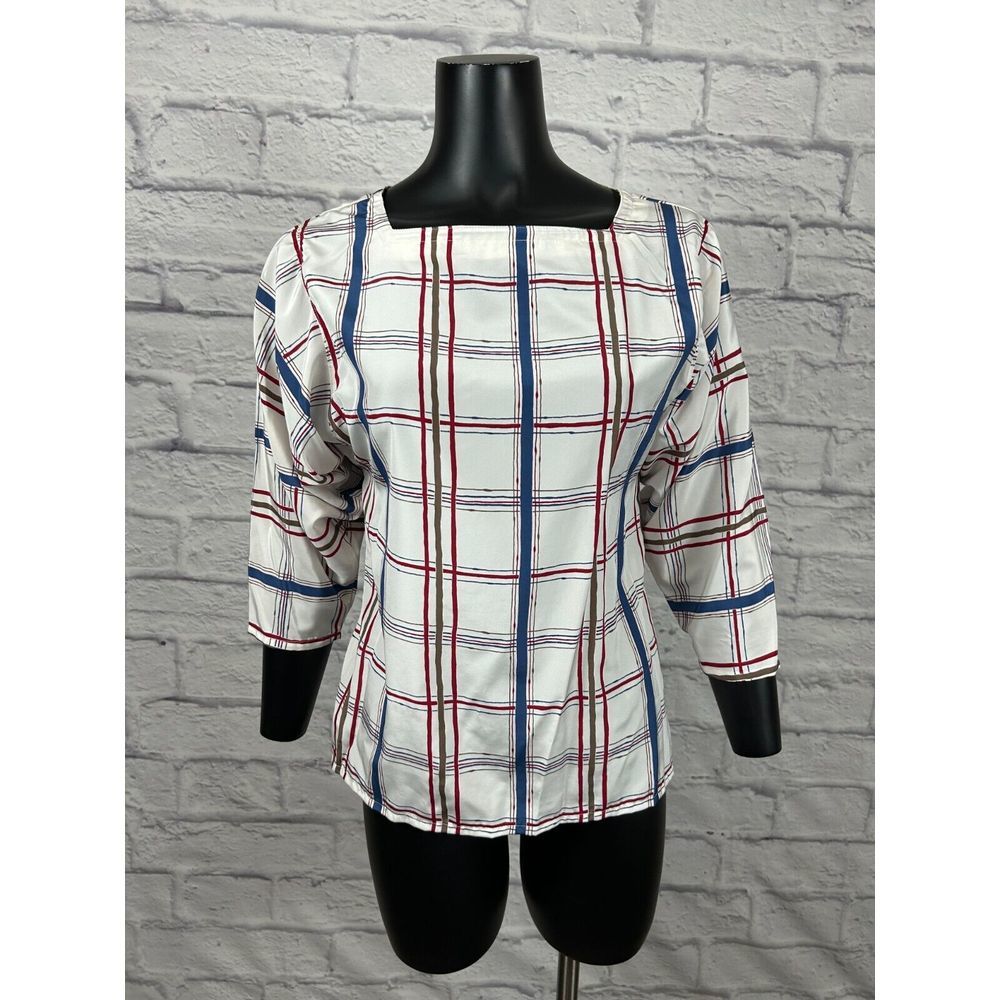 Panter 3/4 Sleeve Square Neck Shirt Blouse Plaid Women's Size 7/8 Vintage 80s